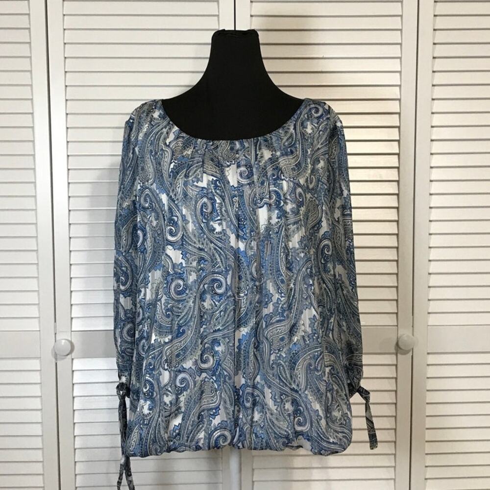 Roz & Ali Boho Cottage Blue Floral Pleated ¾ Tie Sleeve Bubble Hem Blouse XL